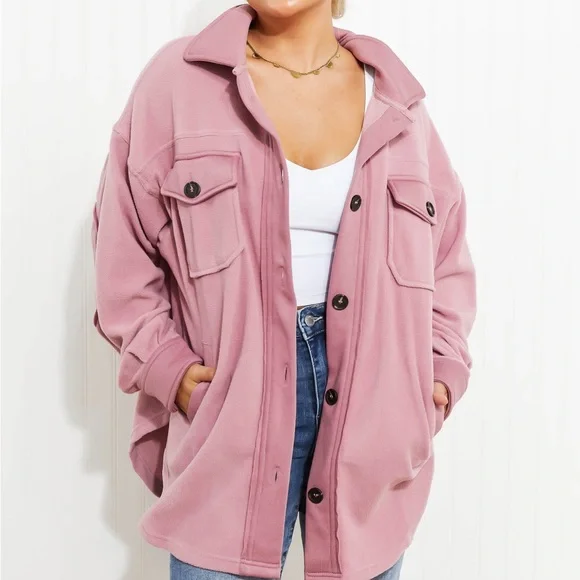 Light Rose Cozy in the Cabin Full Size Fleece Elbow Patch Shacket - Picture 5 of 10